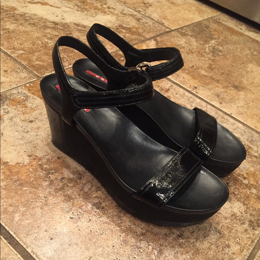Women's Prada Platform Wedges Black Patent Leather
